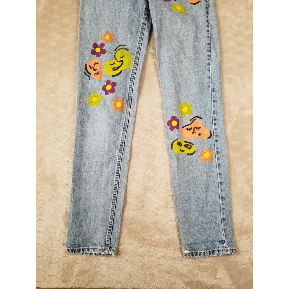 VTG Levis 512 High Rise Slim Tapered Jeans 26x32 USA Custom Painted Floral Faces - Picture 2 of 16
